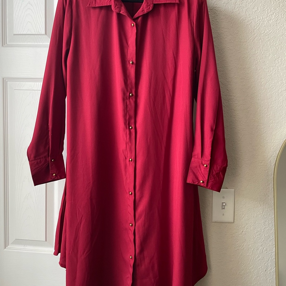 Red Button-Up Long Sleeve Shirt Dress